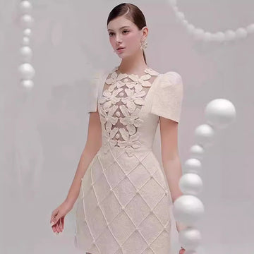 2025 Summer Three-Dimensional Floral Pattern Splicing Lattice Dress Single Row Pearl Buckle Skirt